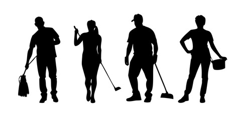 Naklejka premium Professional Cleaning Service Crew Silhouette Team with Mops and Buckets Isolated