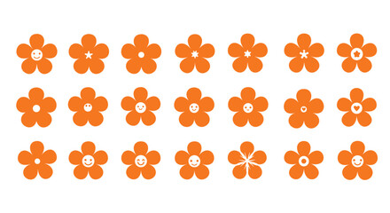 A collection of vibrant orange five-petal flower icons featuring diverse center patterns like smiley faces, stars, and dots, perfect for playful and retro designs.