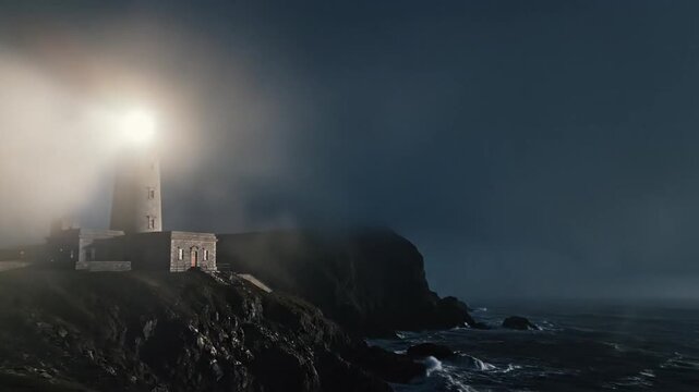 A dramatic nighttime scene featuring a lighthouse illuminating the rocky coastline, with waves crashing against the shore and mist enveloping the surroundings, creating a moody atmosphere