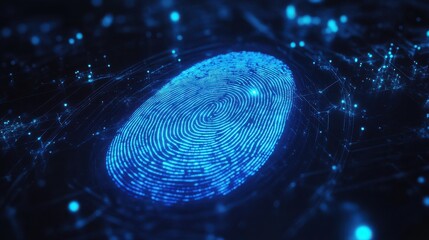 A prominent glowing blue digital fingerprint is surrounded by a network of intricate, diffuse light particles on a dark background, representing advanced biometric security.