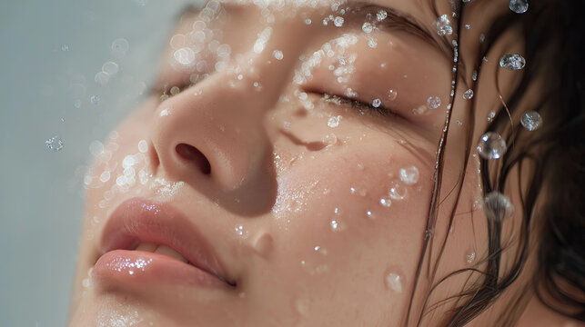 Water droplets cascading over radiant facial skin creating fresh hydrating beauty effect.