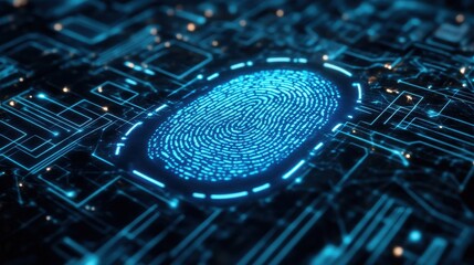 A vibrant blue digital fingerprint illuminating intricate circuit pathways on a microchip, symbolizing advanced biometric security and data protection.