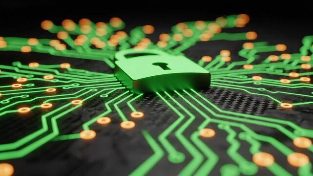 Digital Security Lock on Futuristic Circuit Board Technology
