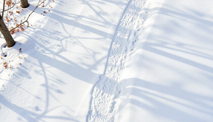 Snow-covered ground with tree shadows and footprints