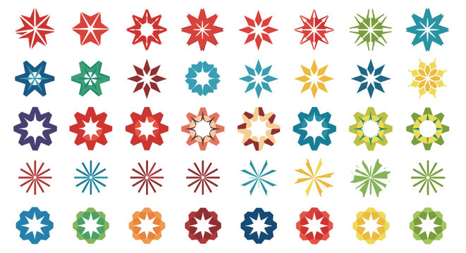 Abstract set of colorful geometric star and gear shapes, perfect for diverse design elements, logos, or patterns.
