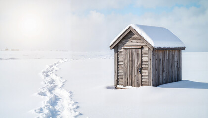 Wooden shed in snow-covered landscape