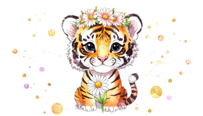 Adorable watercolor tiger cub with floral crown and flower, on a black background
