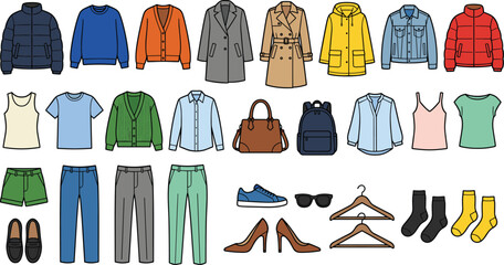 Clothing collection, fashion grid, wardrobe variety, apparel styles, accessories set, seasonal outfits, flat vector illustration, organized garments, display