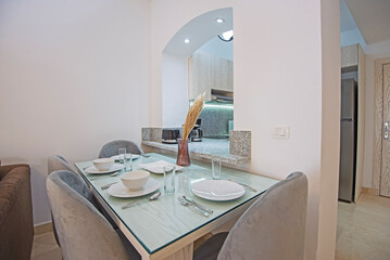 Interior design of luxury apartment kitchen area with counter