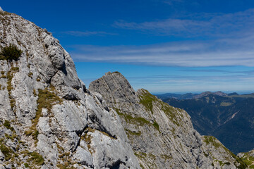 Alpspitze and Zugspitze mountains in Germany and Austria, Garmisch-Partenkirchen town in Bavaria region. Highest mountain of Germany, via ferrata on Alpshpitze beautiful mountain alpine landscape