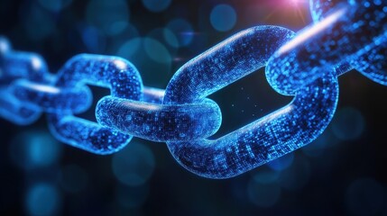A close-up view reveals robust digital chain links brilliantly glowing with countless blue particles, representing secure blockchain technology.