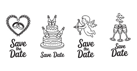 Save the date wedding card elements featuring rings heart cake cupid and champagne flutes