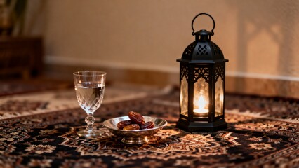 Ramadan iftar setup featuring glowing lantern bowl of dates and glass of water symbolizing evening meal and blessings