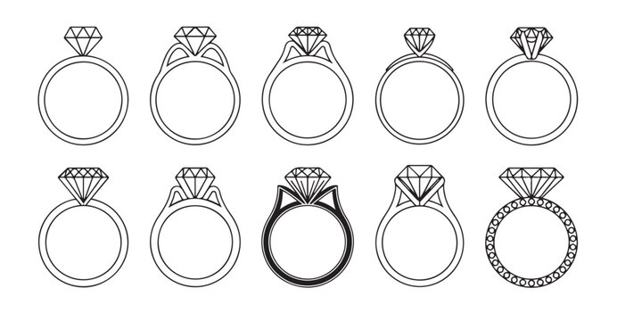 Set of diamond wedding ring icons showing various elegant bands and gemstone setting styles