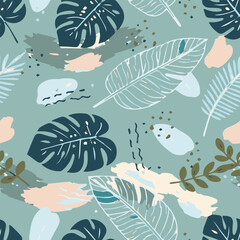 Lush tropical botanical seamless pattern featuring exotic green foliage. Ideal for summer fashion, swimwear, wallpaper, and home decor backgrounds.