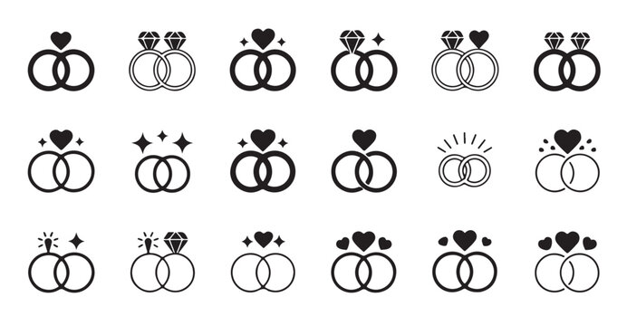 Set of wedding ring icons with heart and diamond symbols vector illustration