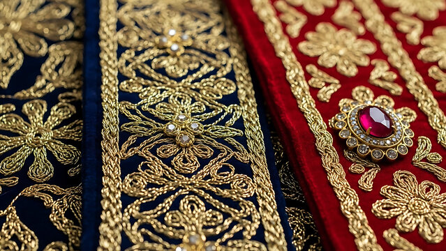 Detailed Royal Gold Embroidery on Red and Blue Velvet with Ruby Gemstone