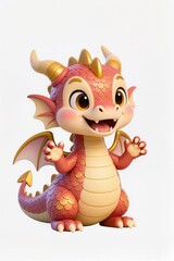 Cute baby golden dragon chibi, 3D cartoon illustration, friendly and soft appearance, pastel red gold colors, smiling expression, isolated white background, kawaii stock art