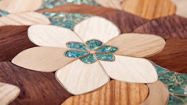 Detailed medium shot of floral inlay technique on decorative panel showcasing vibrant petal shapes and delicate assembly on smooth wood.