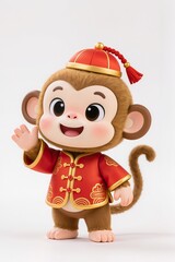 Ultra cute baby zodiac monkey chibi, 3D illustration, round face, playful smile, Asian festival style, isolated white background