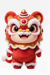 Ultra cute baby lion dance mascot, chibi style, 3D illustration, fluffy texture, bright red and gold colors, joyful face, white background, stock illustration