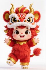 Ultra cute baby lion dance mascot, chibi style, 3D illustration, fluffy texture, bright red and gold colors, joyful face, white background, stock illustration