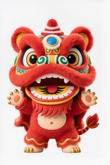 Ultra cute baby lion dance mascot, chibi style, 3D illustration, fluffy texture, bright red and gold colors, joyful face, white background, stock illustration