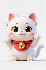 Ultra cute baby lucky cat chibi, 3D illustration, kawaii style, soft red and gold accessories, big eyes, happy face, white background