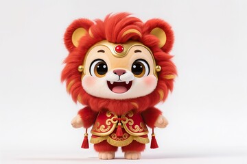 Ultra cute baby lion dance mascot, chibi style, 3D illustration, fluffy texture, bright red and gold colors, joyful face, white background, stock illustration