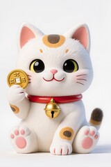 Ultra cute baby lucky cat chibi, 3D illustration, kawaii style, soft red and gold accessories, big eyes, happy face, white background