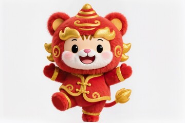 Cute baby zodiac goat chibi, 3D cartoon illustration, fluffy texture, pastel red gold colors, sweet smile, white background, stock illustration