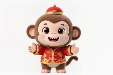 Ultra cute baby zodiac monkey chibi, 3D illustration, round face, playful smile, Asian festival style, isolated white background