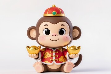 Ultra cute baby zodiac monkey chibi, 3D illustration, round face, playful smile, Asian festival style, isolated white background