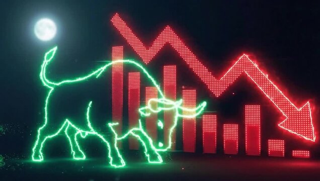 Bull market optimism contrasting with a sharp economic decline under a moonlit sky