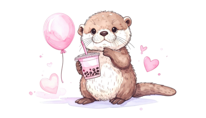 Whimsical illustration of an otter with a bubble tea and pink balloon, surrounded by hearts