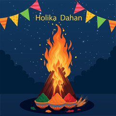Holika Dahan vector illustration showing traditional bonfire fire ritual for Holi Pooja and Spring Festival. Ideal for Hindu Festival greetings, Holika Dahan images, posters, and festive designs. © characterbazaar