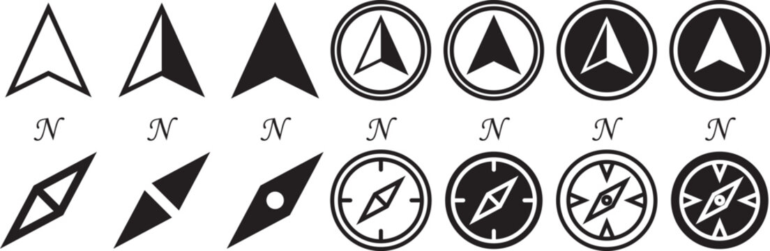 north direction icon set. Compass north symbols. Downward arrow graphic design. Compass icon in doodle and stroke style.  icon set in line strokes