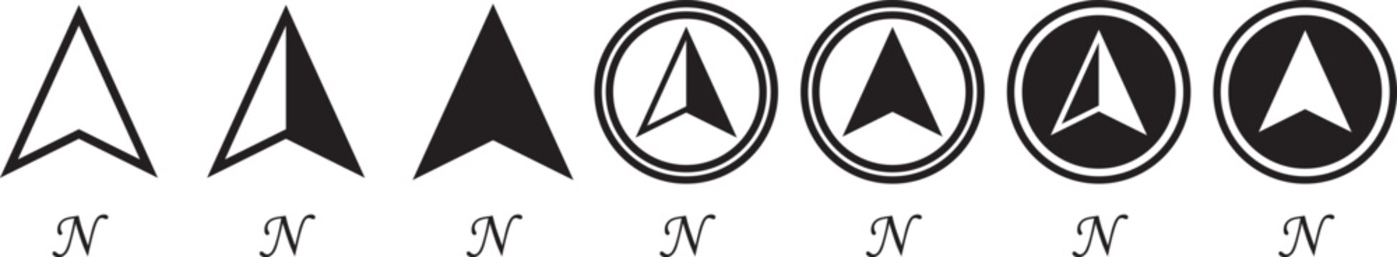 north direction icon set. Compass north symbols. Downward arrow graphic design. Compass icon in doodle and stroke style.  icon set in line strokes