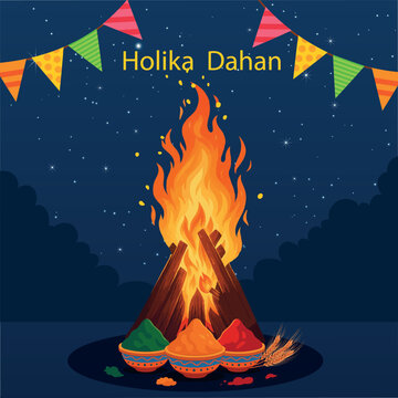 Holika Dahan vector illustration showing traditional bonfire fire ritual for Holi Pooja and Spring Festival. Ideal for Hindu Festival greetings, Holika Dahan images, posters, and festive designs.
