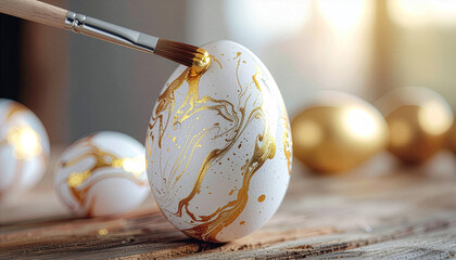 Painting elegant Easter eggs with gold liquid marble texture using a professional brush