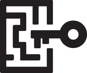 Key emerging from abstract block maze icon representing solution access and unlocking ideas
