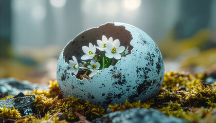 Delicate white spring flowers blooming inside a blue speckled eggshell on green mossy ground