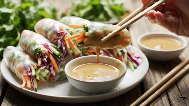 Fresh spring rolls on plate with dip and chopsticks