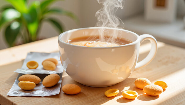 Steaming cup of tea with lozenges on wooden table - Powered by Adobe