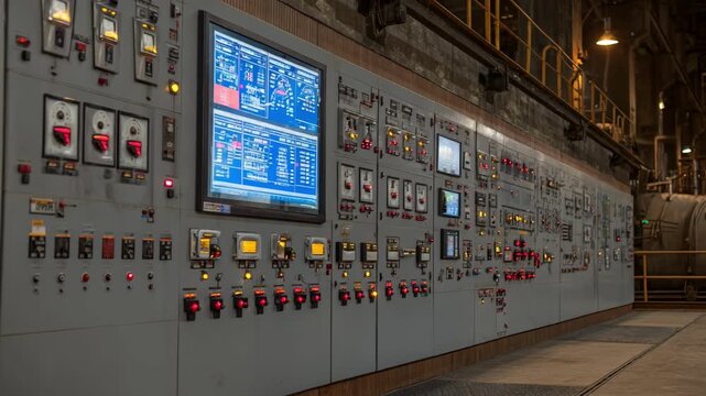 Medium shot of industrial control panels displaying alternating current parameters optimizing power flow in a smelting facilitys potline area.
