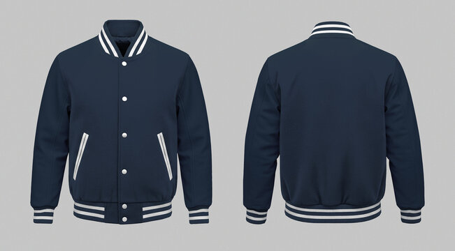 Dark Blue and White Varsity Baseball Jacket Front and Back View on Gray Background