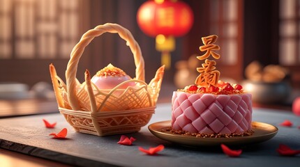 a Kanomkeng Chinese dessert, a delicate pastry in the shape of an intricately woven basket, and a vibrant festival Chinese cake, both traditional treats for Chinese New Year
