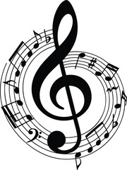 A striking black and white illustration showcases a treble clef surrounded by musical notes and symbols © Sadhin07