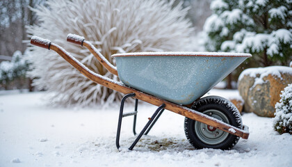 Wheelbarrow covered in snow against winter garden background