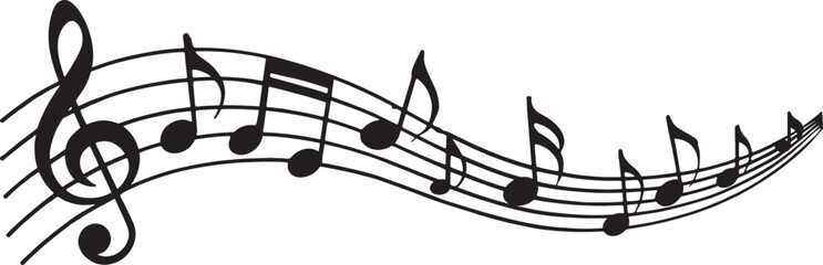 A flowing arrangement of musical notes and a treble clef creates a melodic visual composition